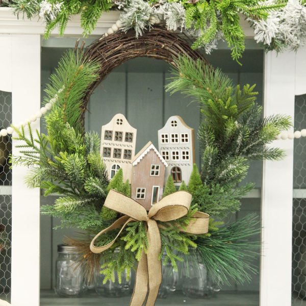 Christmas Village Cabinet with wreath and Bow