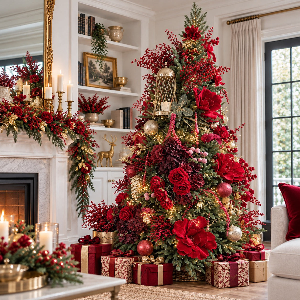 Botanica and Berries burgundy and gold floral Christmas tree