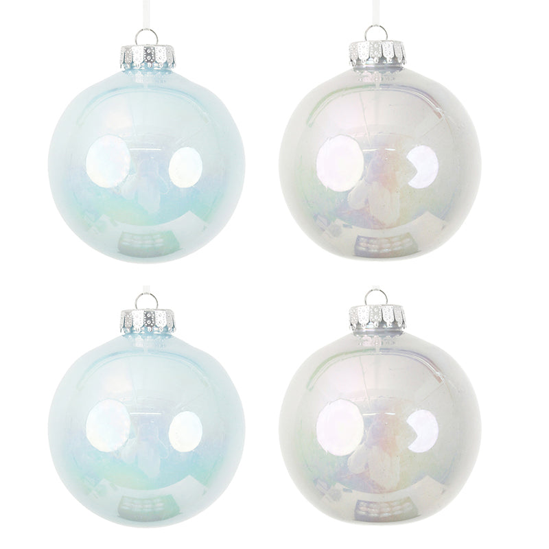 White and Light Blue Pearl Finish Baubles - Set of 4 - 10cm