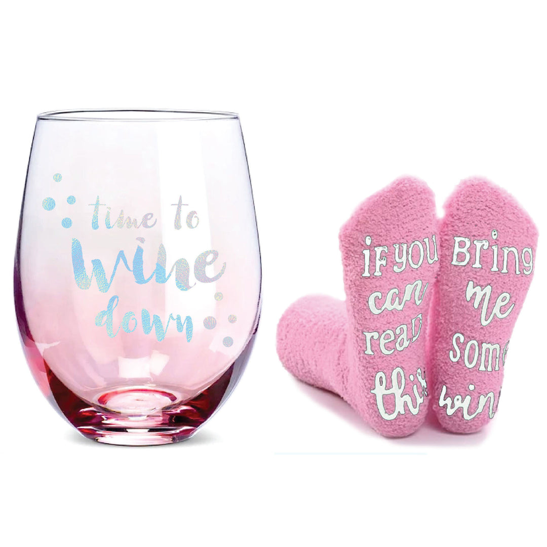 Time to Wine Down- Stemless Wine Glass and Novelty Socks Set