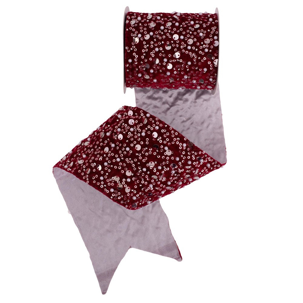10cm Burgundy Deluxe Beaded Velvet Ribbon - 10m