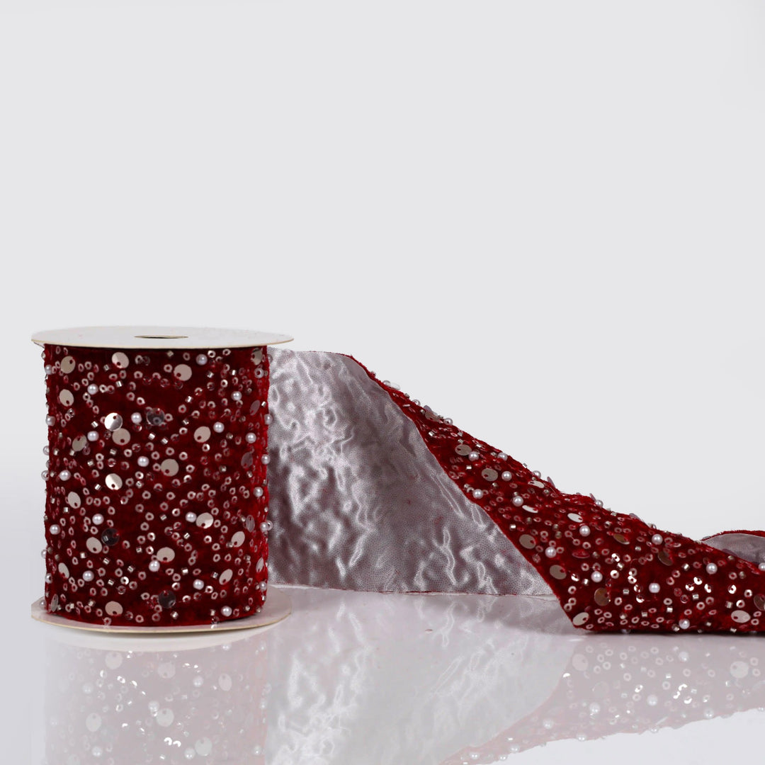 Burgundy Deluxe Beaded Velvet Ribbon - 10cm x 10m