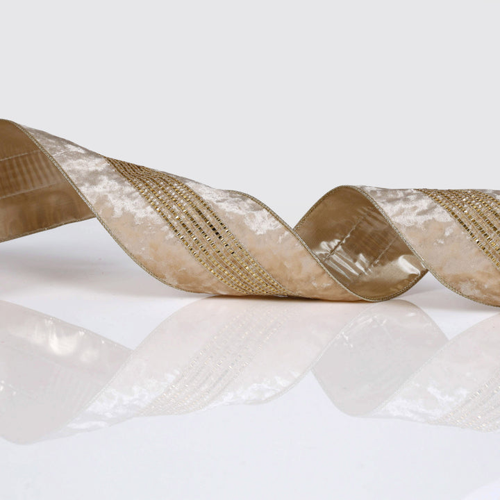 Champagne Diamonte Deluxe Velvet Wired Ribbon - 10cm x 10m