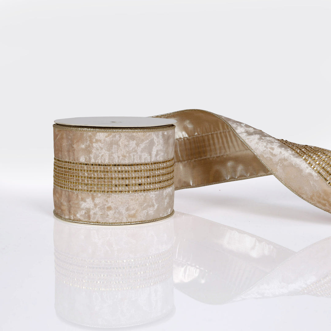 Champagne Diamonte Deluxe Velvet Wired Ribbon - 10cm x 10m