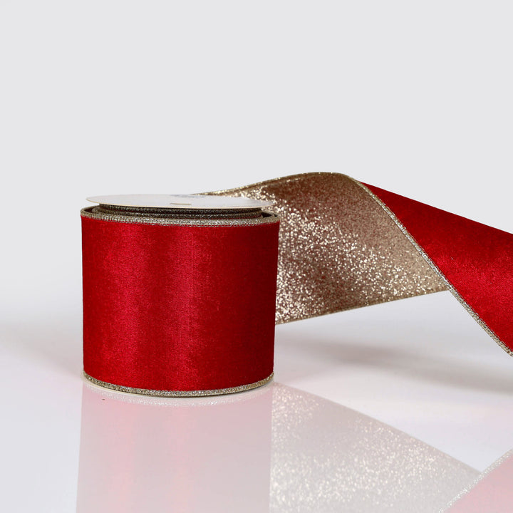 Red Velvet Champagne Glitter Wired Ribbon - 10cm x 10m