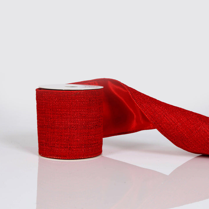 Red Tweed Ribbon with Wired Edge - 10cm x 10m