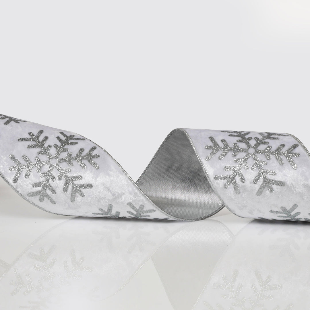White Silver Glitter Snowflake Velvet Wired Ribbon 10cm x 10m