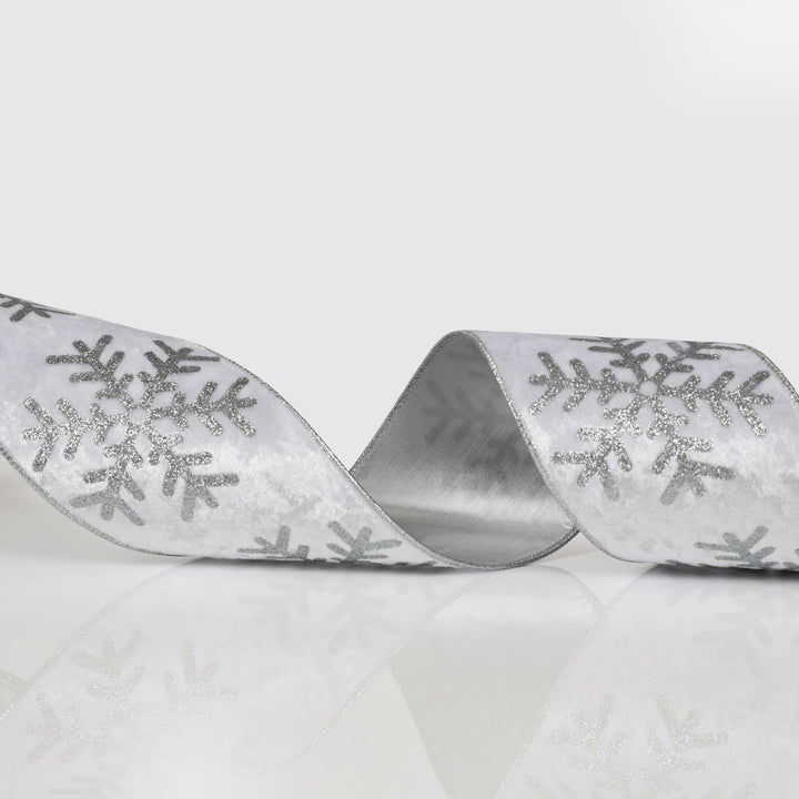 White Silver Glitter Snowflake Velvet Wired Ribbon 10cm x 10m