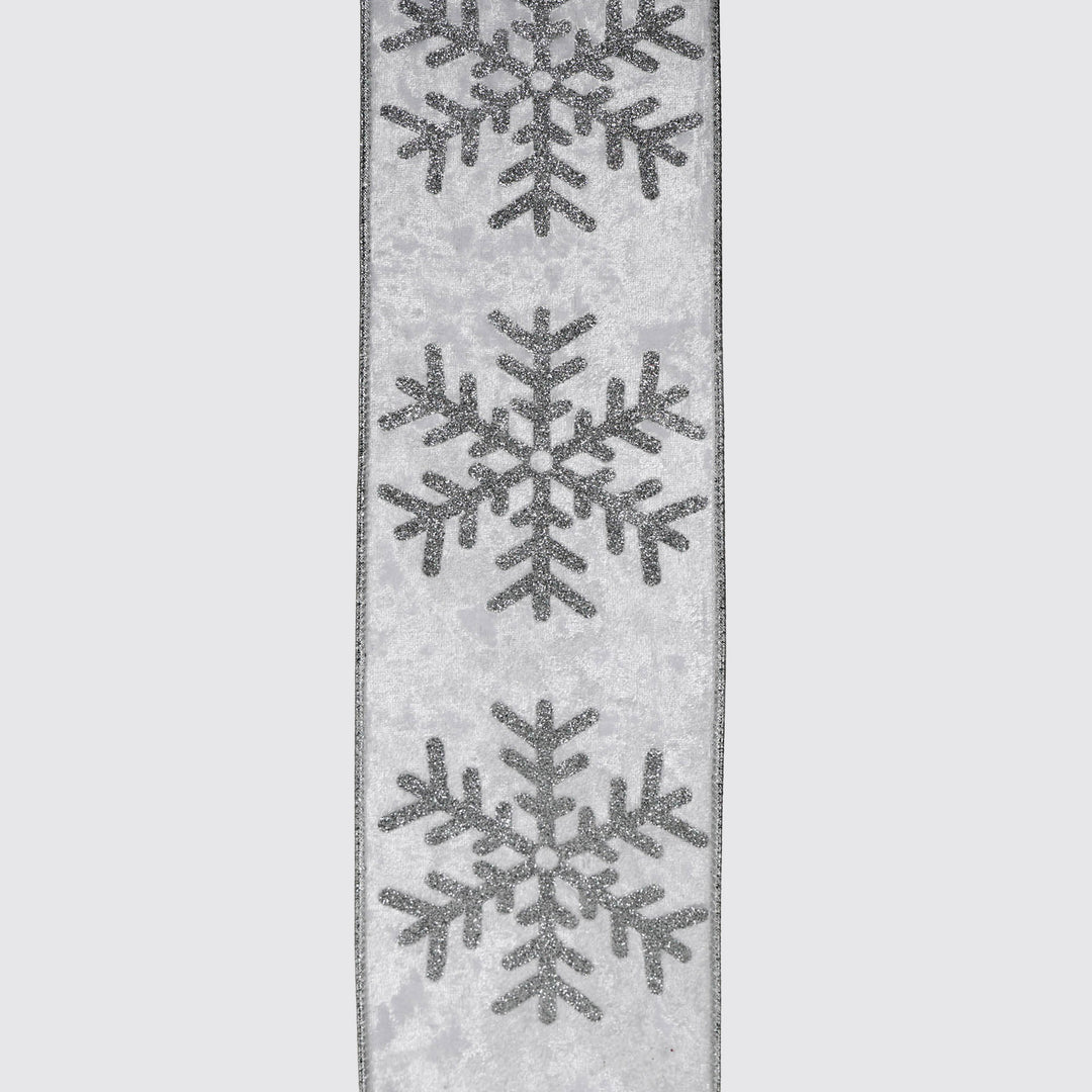 White Silver Glitter Snowflake Velvet Wired Ribbon 10cm x 10m
