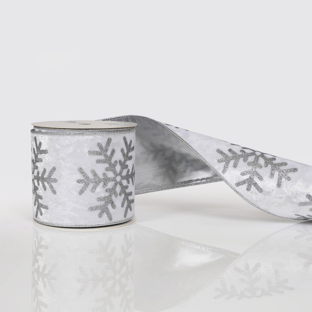White Silver Glitter Snowflake Velvet Wired Ribbon 10cm x 10m