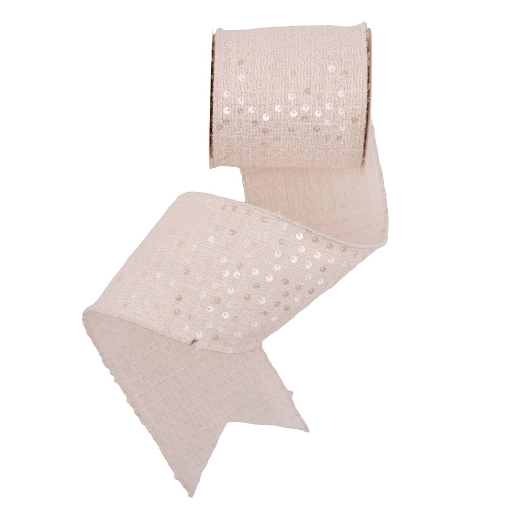 10cm Woven Ivory and Sequin Deluxe Ribbon with Wire Edge 10m