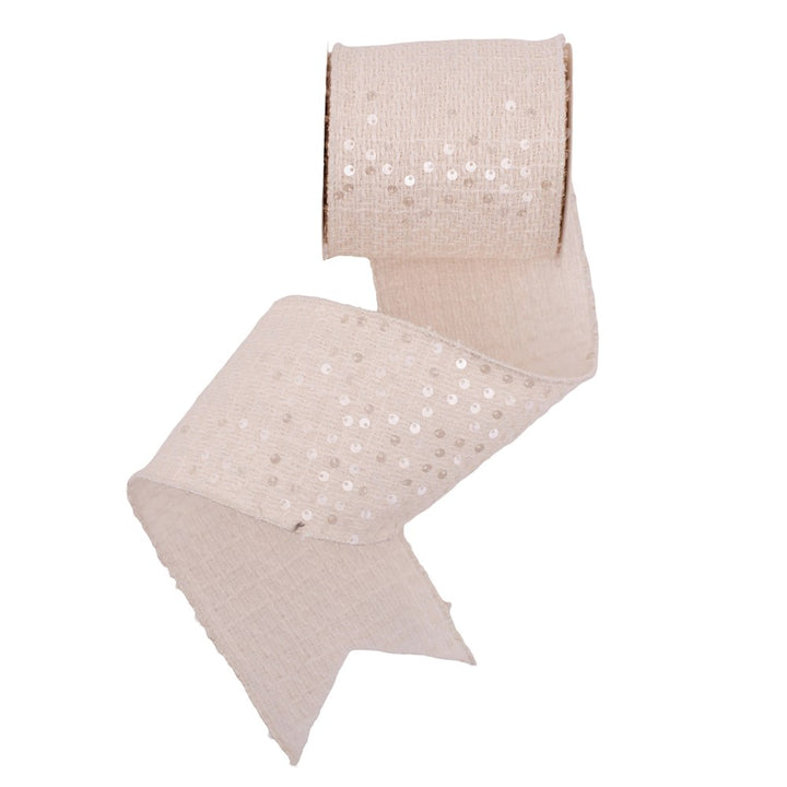 10cm Woven Ivory and Sequin Deluxe Ribbon with Wire Edge 10m