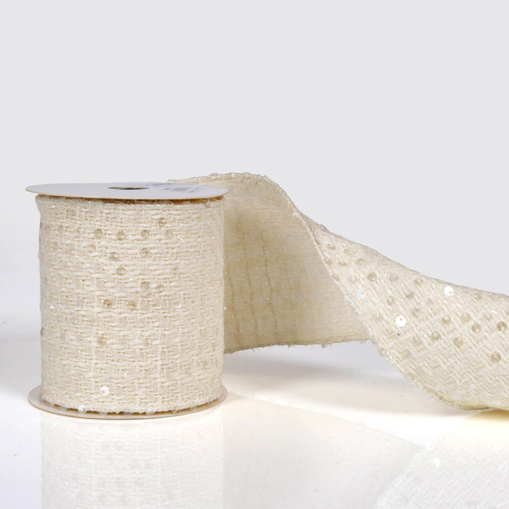 Woven Ivory and Sequin Highlights Deluxe Wired Ribbon - 10cm x 10m