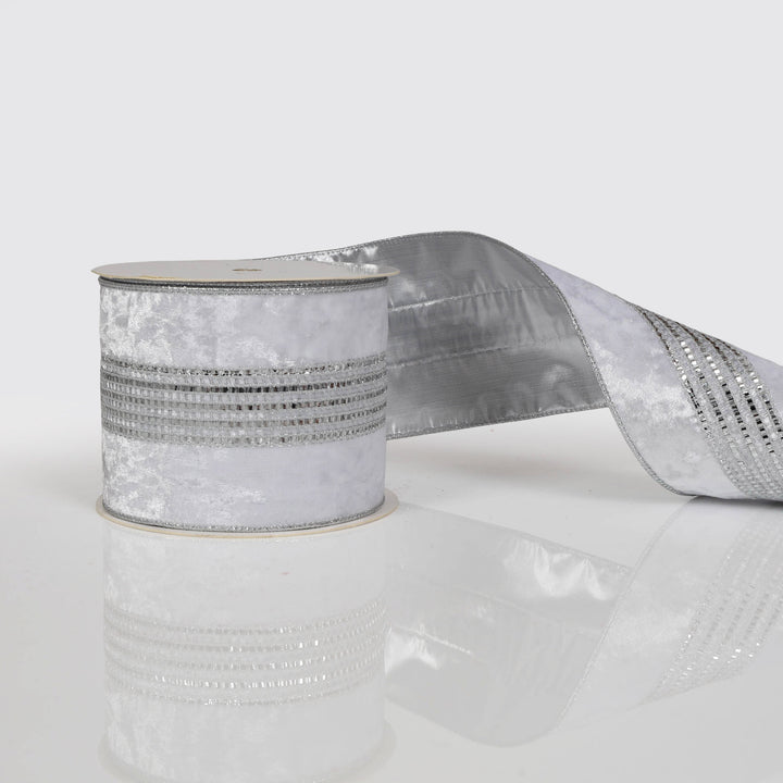 White Diamonte Deluxe Velvet Wired Ribbon - 10cm x 10m