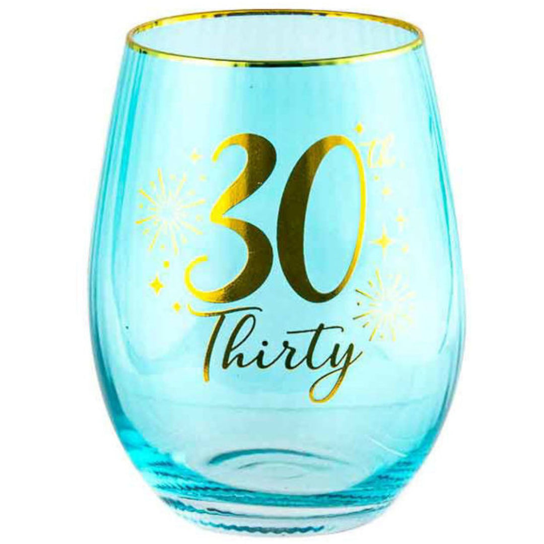 30th Blue and Gold Fluted Stemless Wine Glass