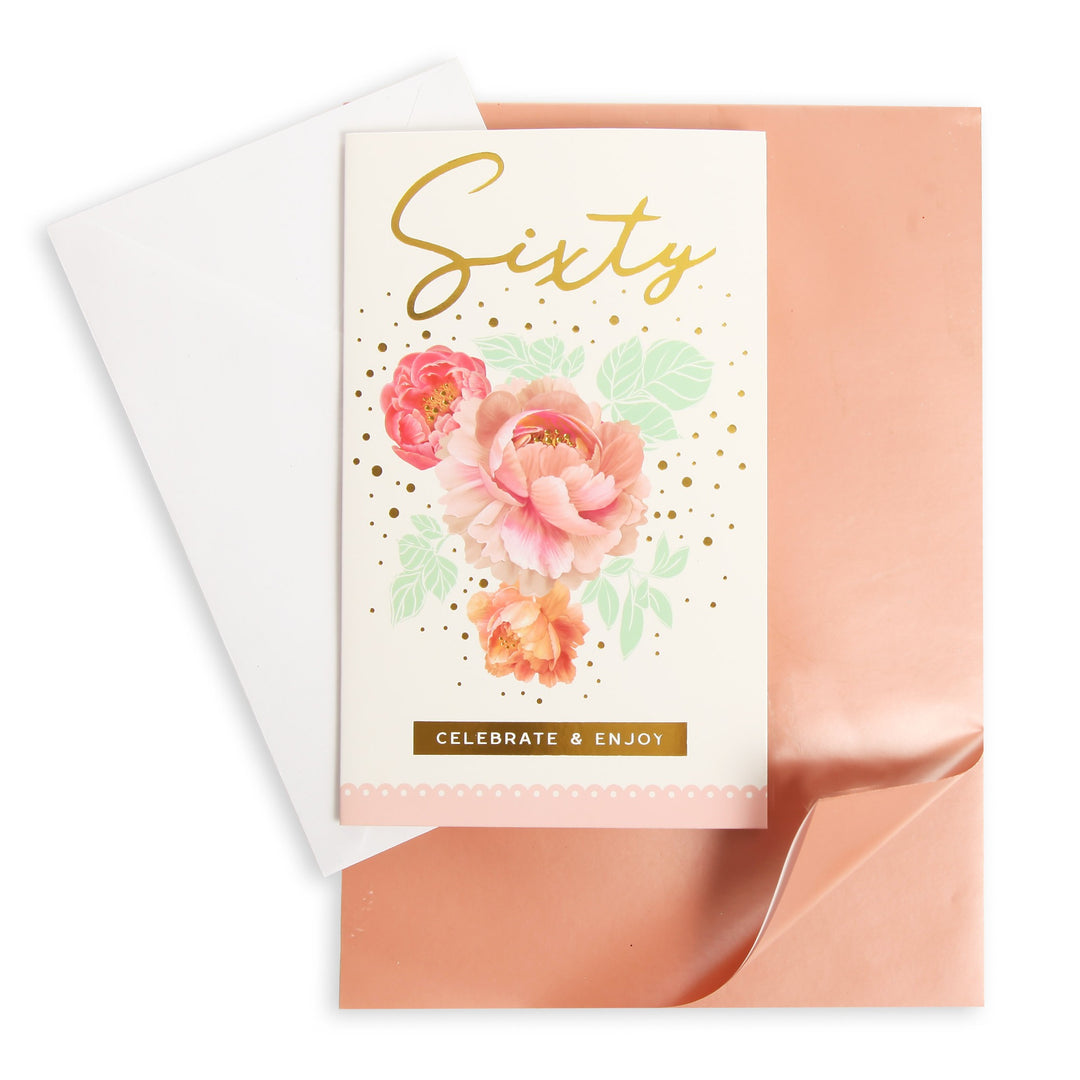 60th Birthday Card and Wrap Rose Gold Flowers