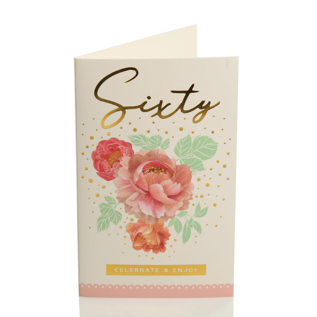 60th Birthday Card and Wrap Rose Gold Flowers