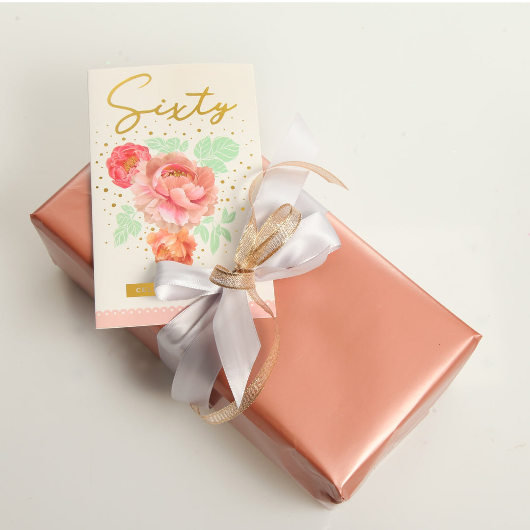 60th Birthday Card and Wrap Rose Gold Flowers