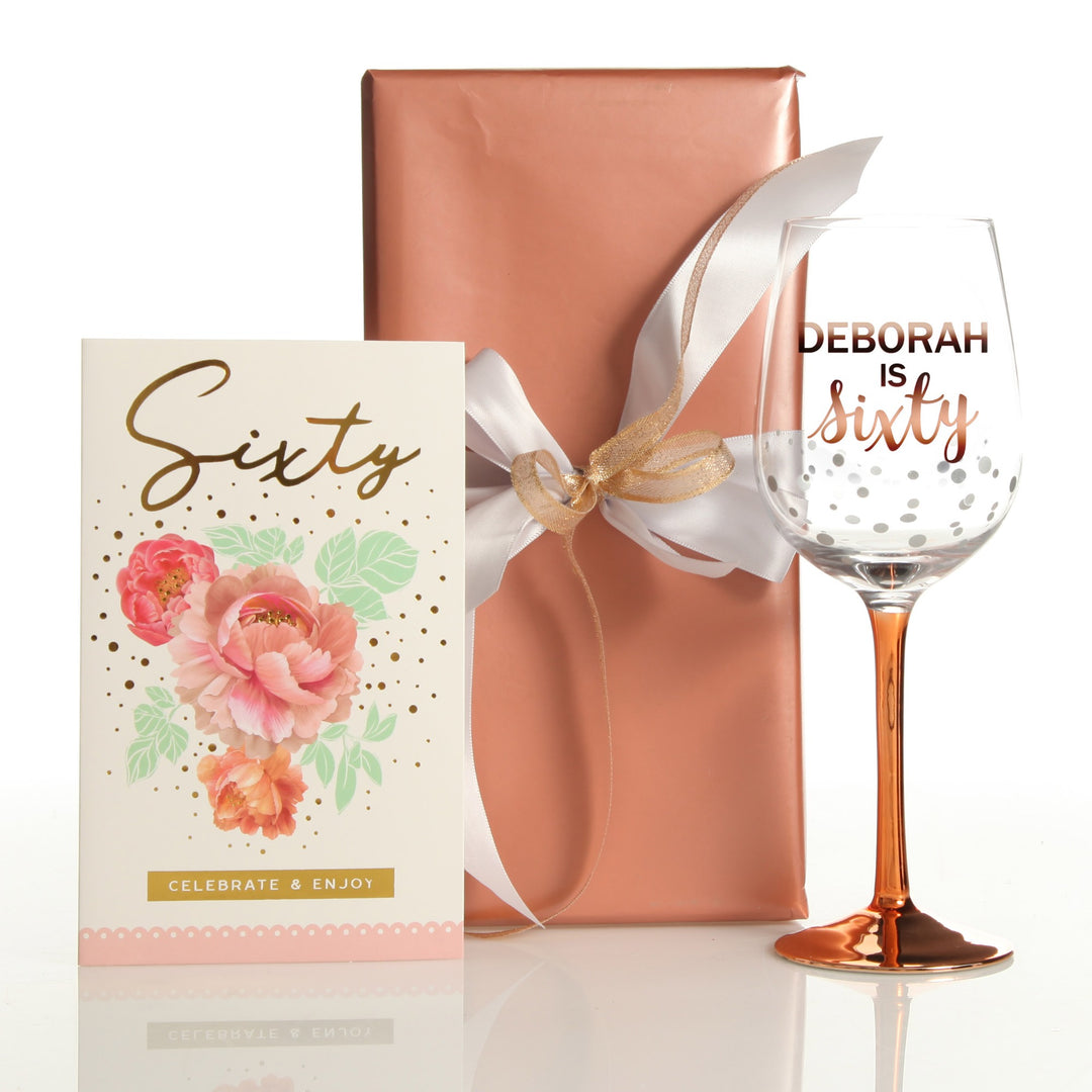 60th Birthday Card and Wrap Rose Gold Flowers