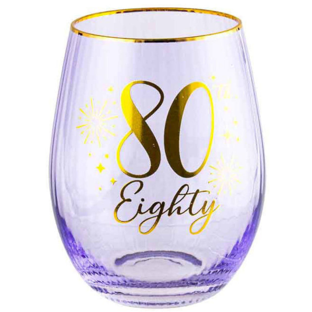80th Purple and Gold Fluted Stemless Wine Glass