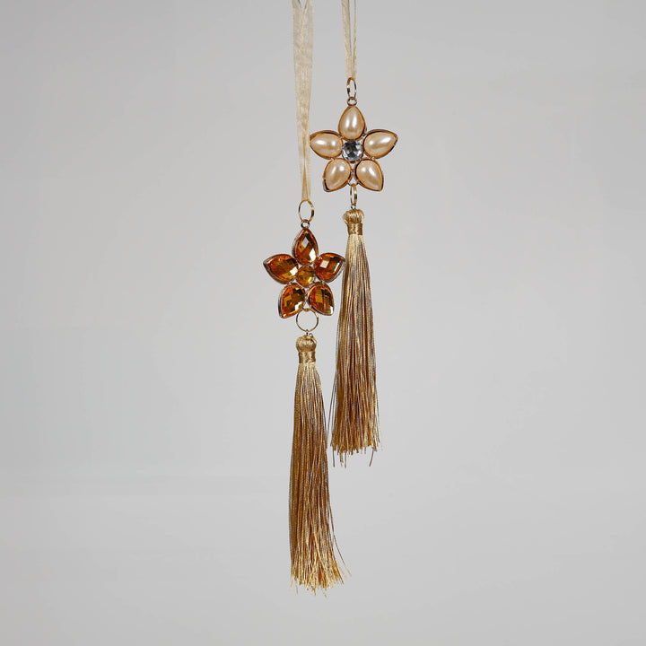 Amber and Pearl Flower Tassel Tree Decoration 20cm (L) - Set of 2