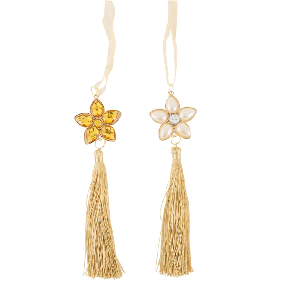 Amber and Pearl Flower Tassel Tree Decoration 20cm (L) - Set of 2
