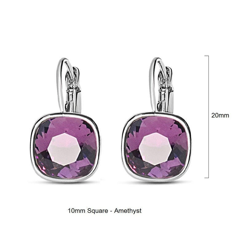 Amethyst Swarovski Square Stone in Rhodium - French Clip Earrings