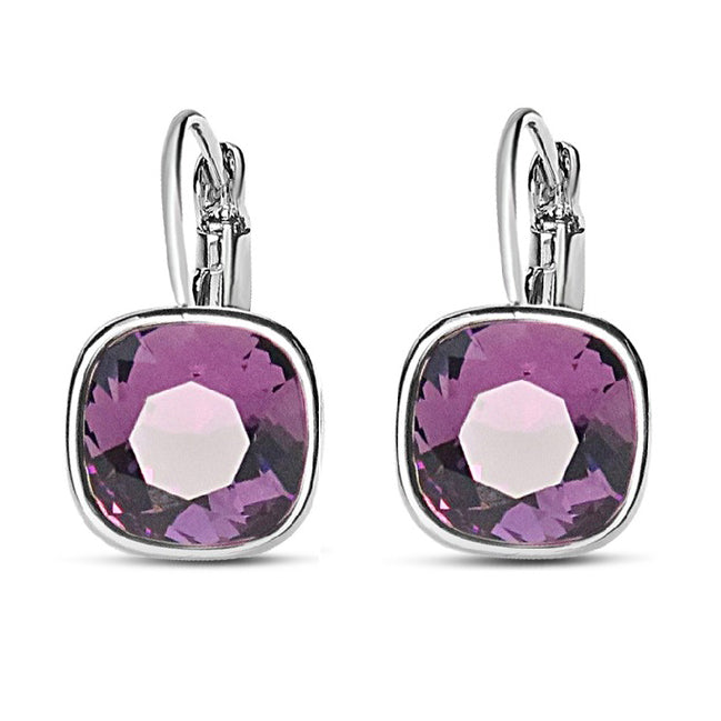 Amethyst Swarovski Square Stone in Rhodium - French Clip Earrings