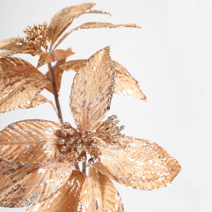 Antique Gold Double Headed Poinsettia Flower Stem - 65cm