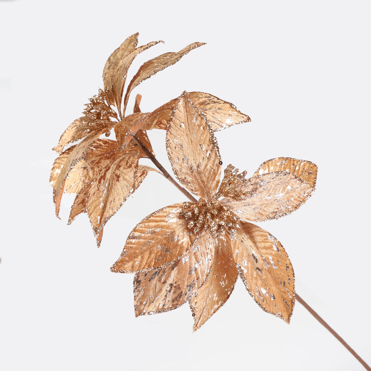 Antique Gold Double Headed Poinsettia Flower Stem - 65cm