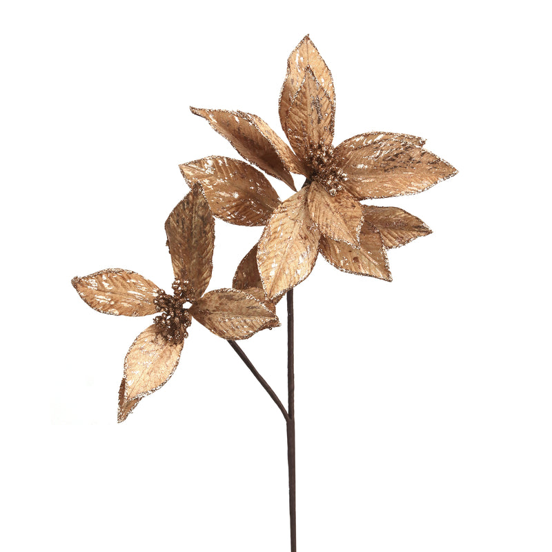 Antique Gold Double Headed Poinsettia Flower Stem - 65cm