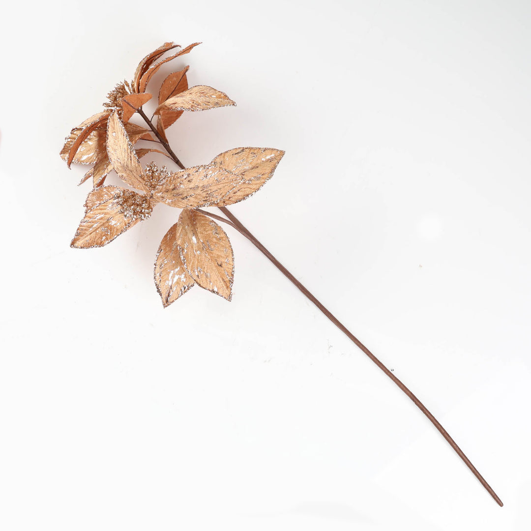 Antique Gold Double Headed Poinsettia Flower Stem - 65cm