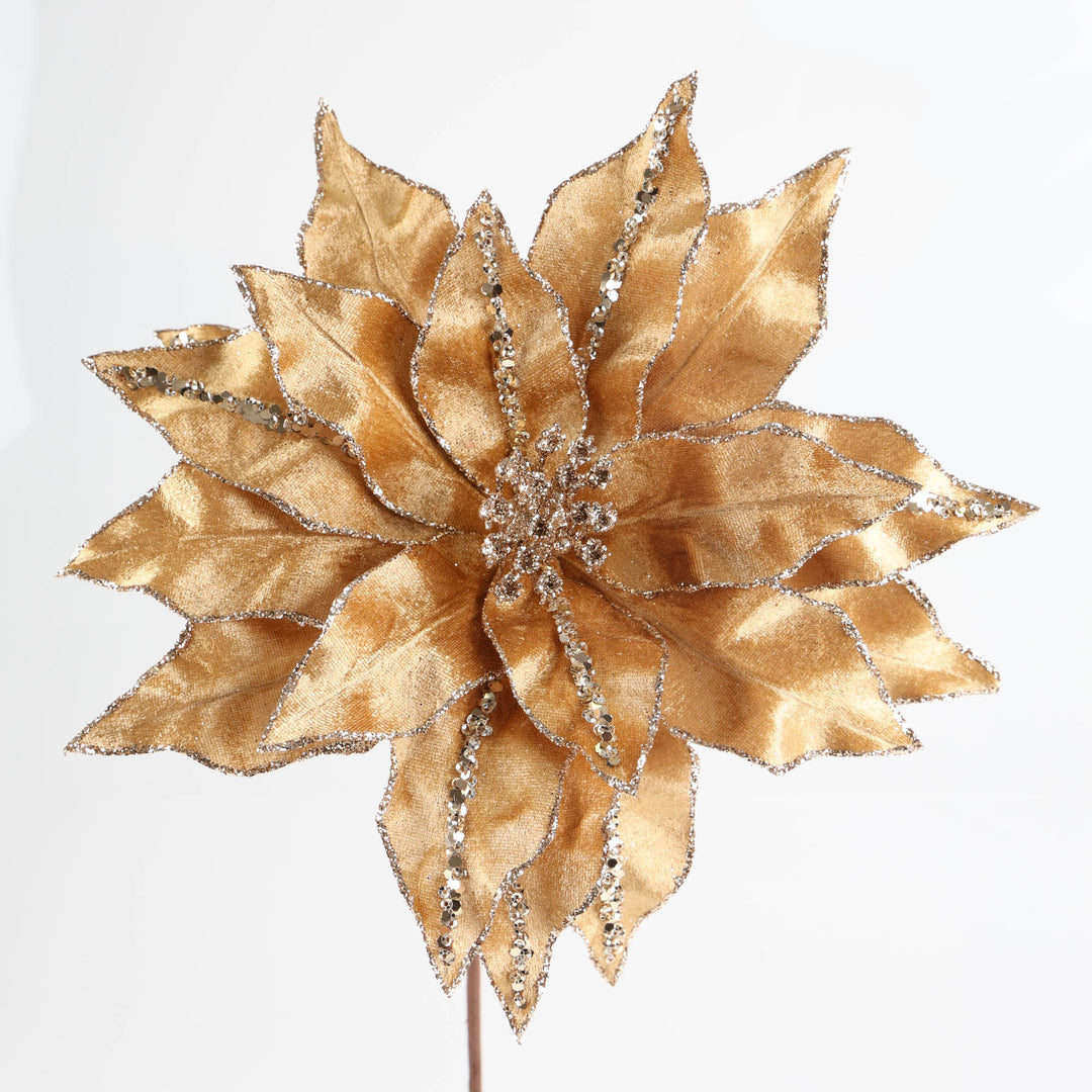 Antique Gold Poinsettia Stem with Sequin Detail - 30cm