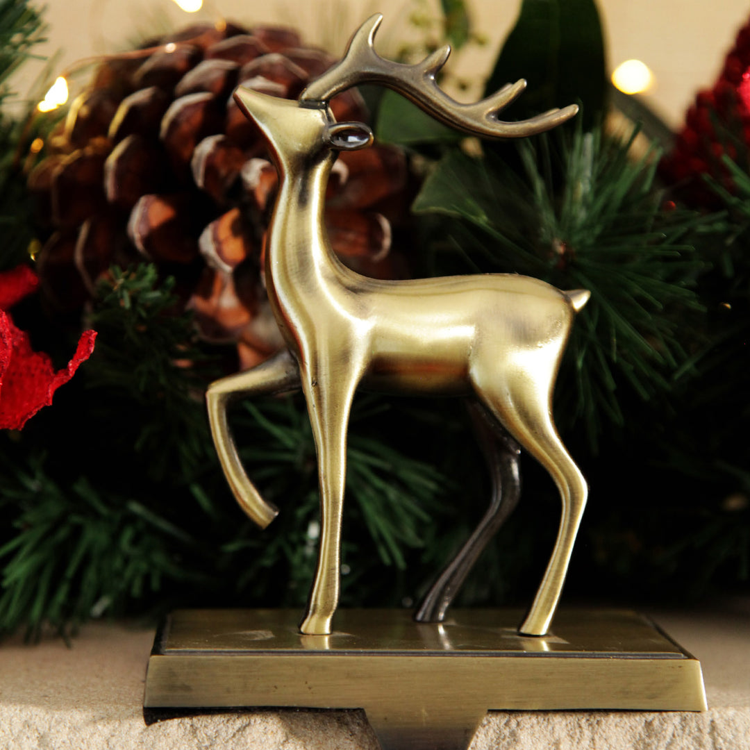 Antique Gold 3D Reindeer Stocking Hanger 