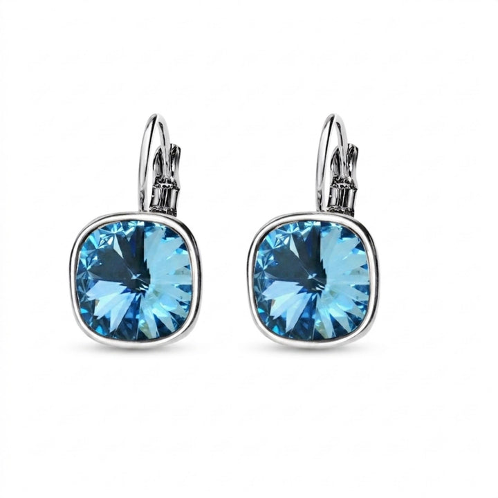 Aquamarine Swarovski Square Stone in Rhodium - French Clip Earrings