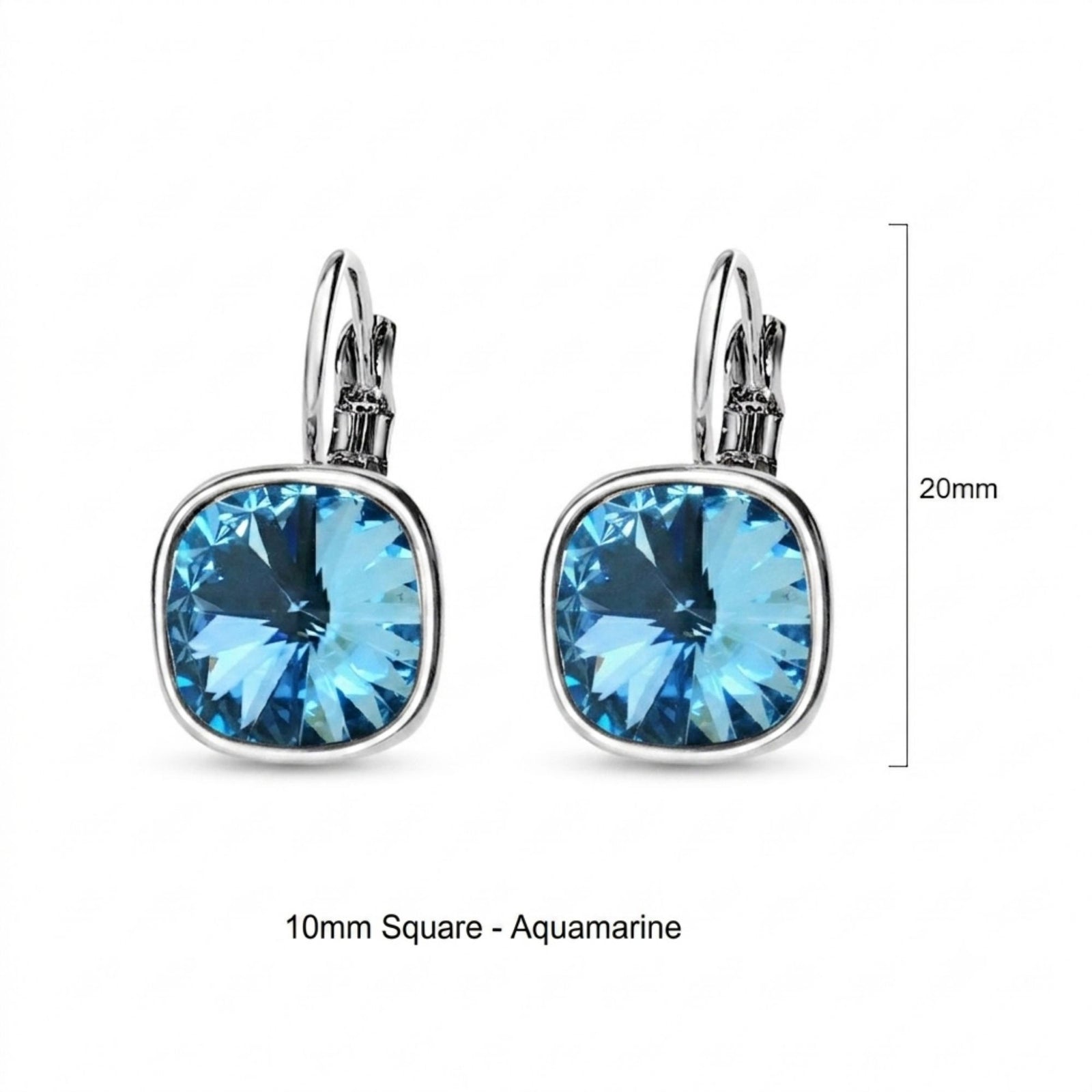 Aquamarine Swarovski Square Stone in Rhodium - French Clip Earrings