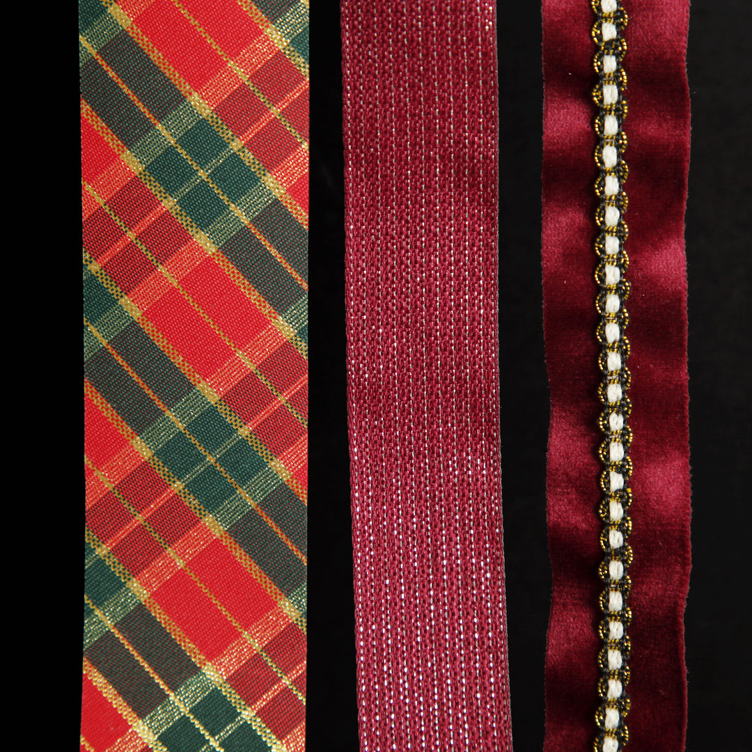 Three Assorted Burgundy Tartan and Braid Christmas Ribbons