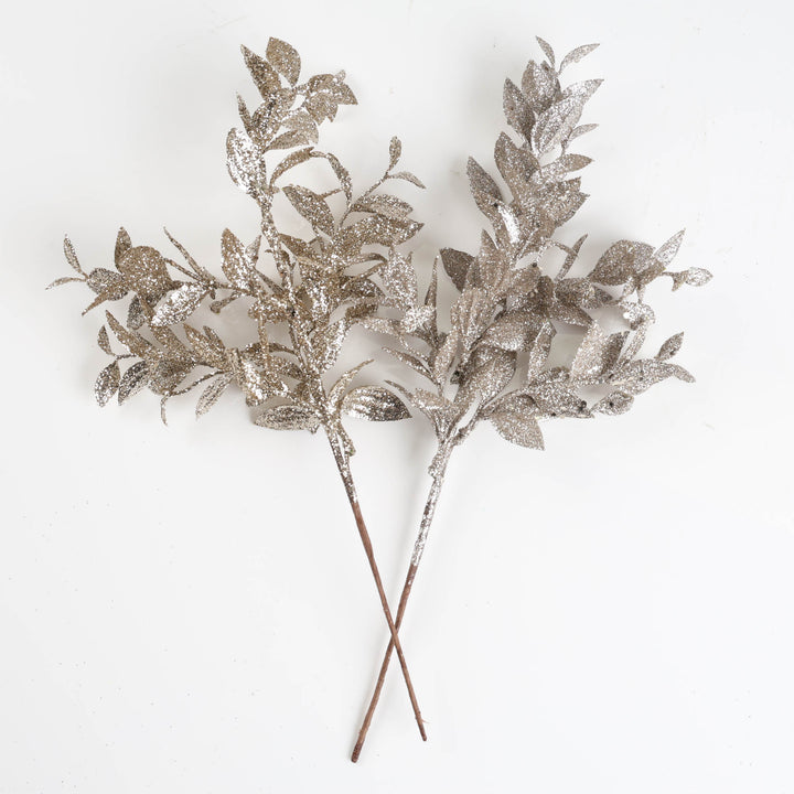 Assorted Champagne and Silver Glitter Leaf Pick - Set of 2 -38cm