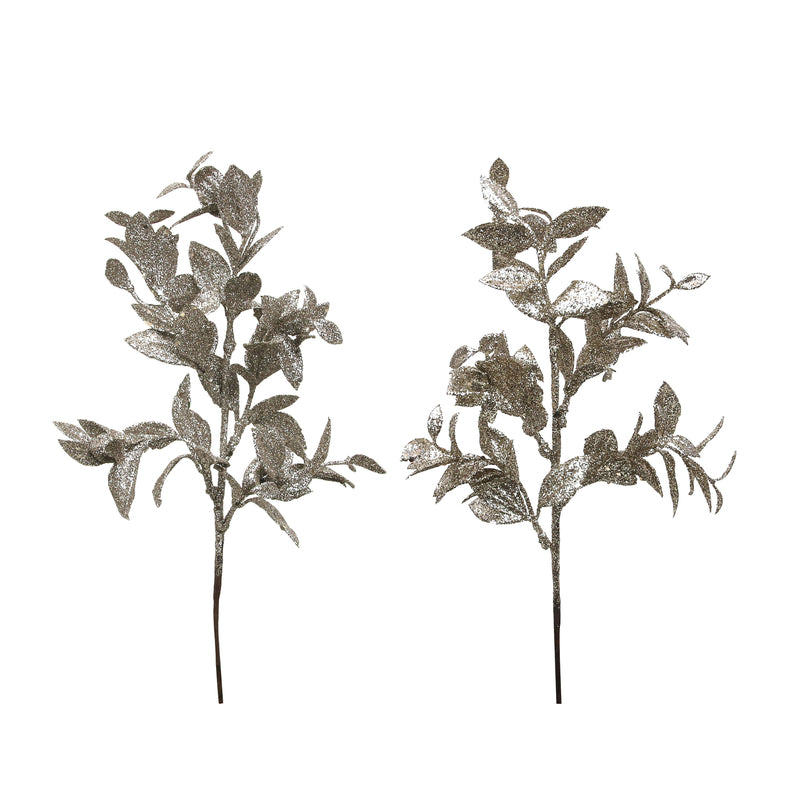 Assorted Champagne and Silver Glitter Leaf Pick - Set of 2 -38cm