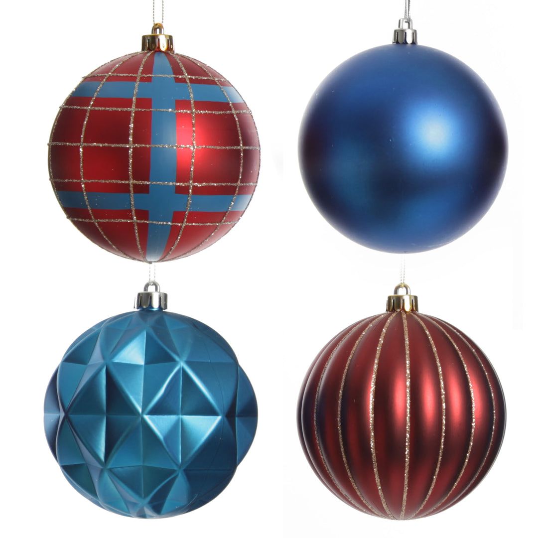 Assorted Decorative Red and Blue Shatterproof Christmas Baubles - Set of 4