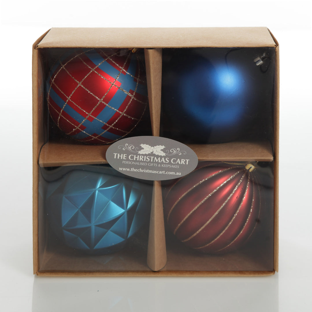 Assorted Decorative Red and Blue Shatterproof Christmas Baubles - Set of 4