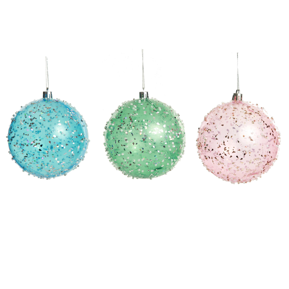 Assorted Pastel Sequin Sprinkles Shatterproof Christmas Baubles - Set of 3
