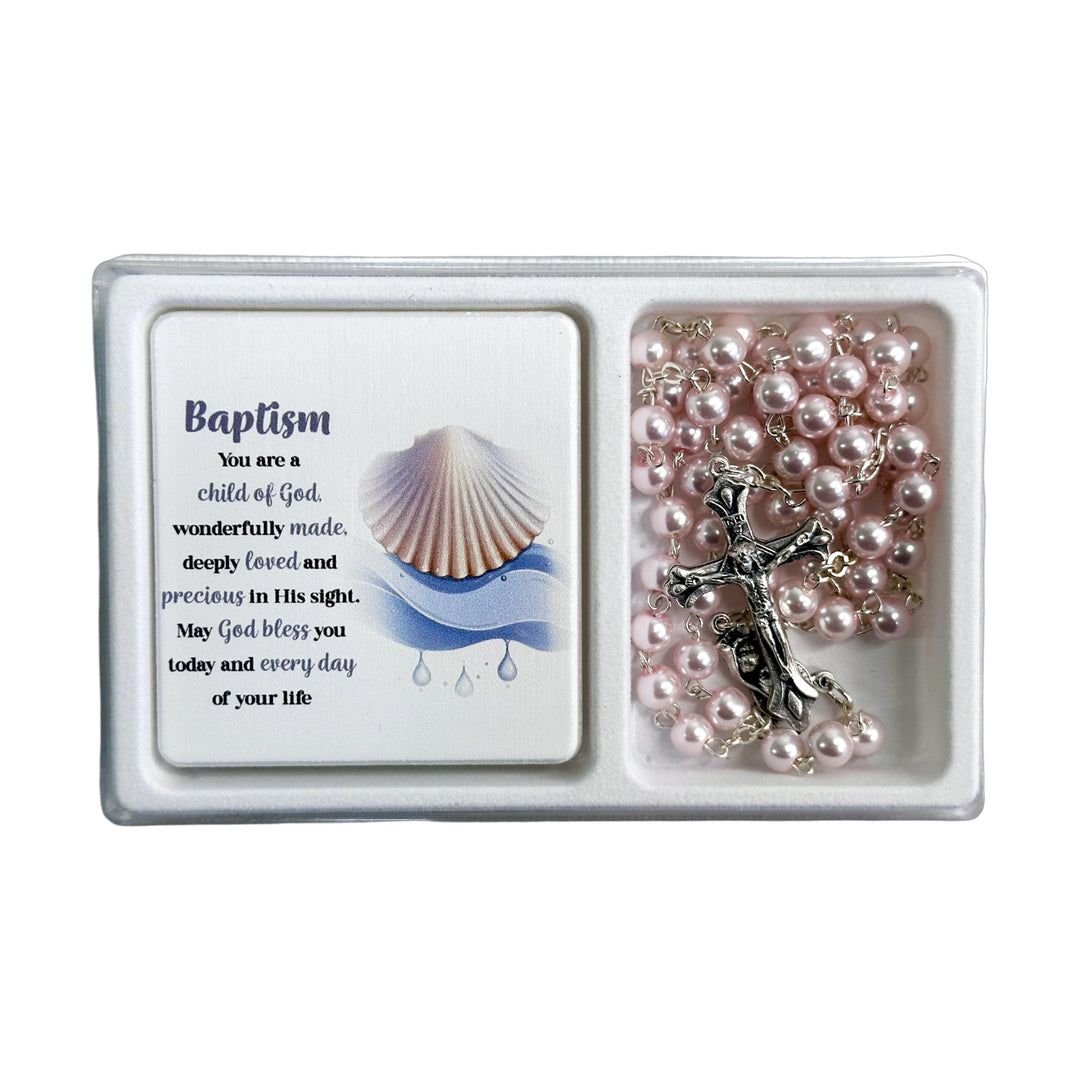 Baptism Pink Rosary and Message Plaque Gift Set