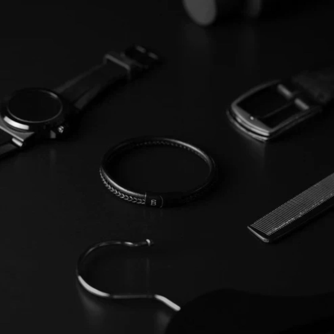 Steel and Barnett - Denby "Black Edition" - Black Braided Leather Double Stack Bracelet - Medium