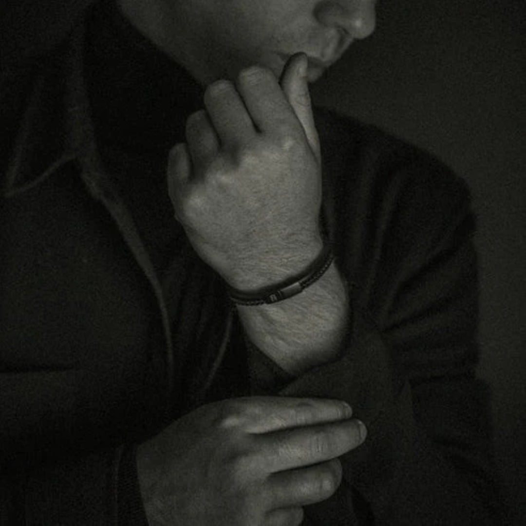 Steel and Barnett - Denby "Black Edition" - Black Braided Leather Double Stack Bracelet - Medium