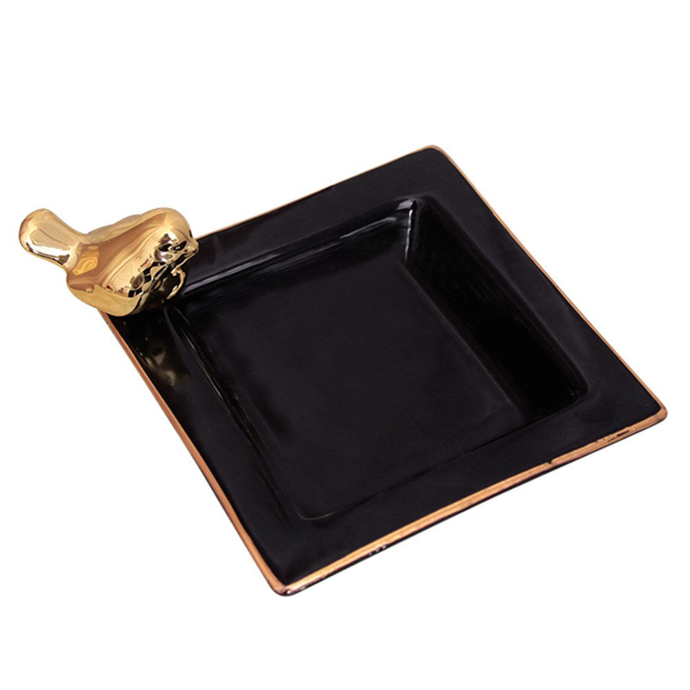 Black Ceramic Trinket Plate with Gold Bird