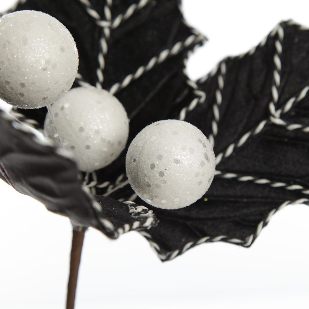 Black Christmas Holly Leaf Clip with Twine Trim