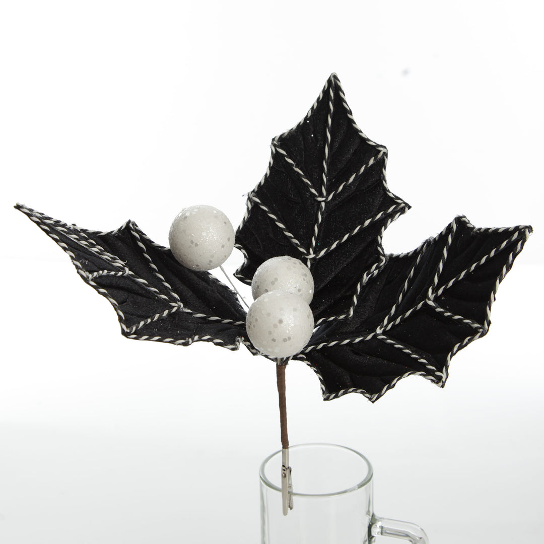 Black Christmas Holly Leaf Clip with Twine Trim