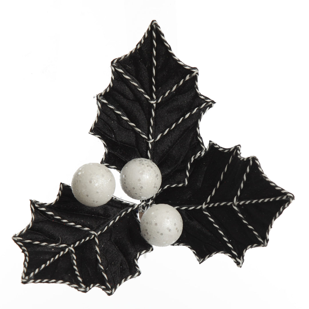 Black Christmas Holly Leaf Clip with Twine Trim