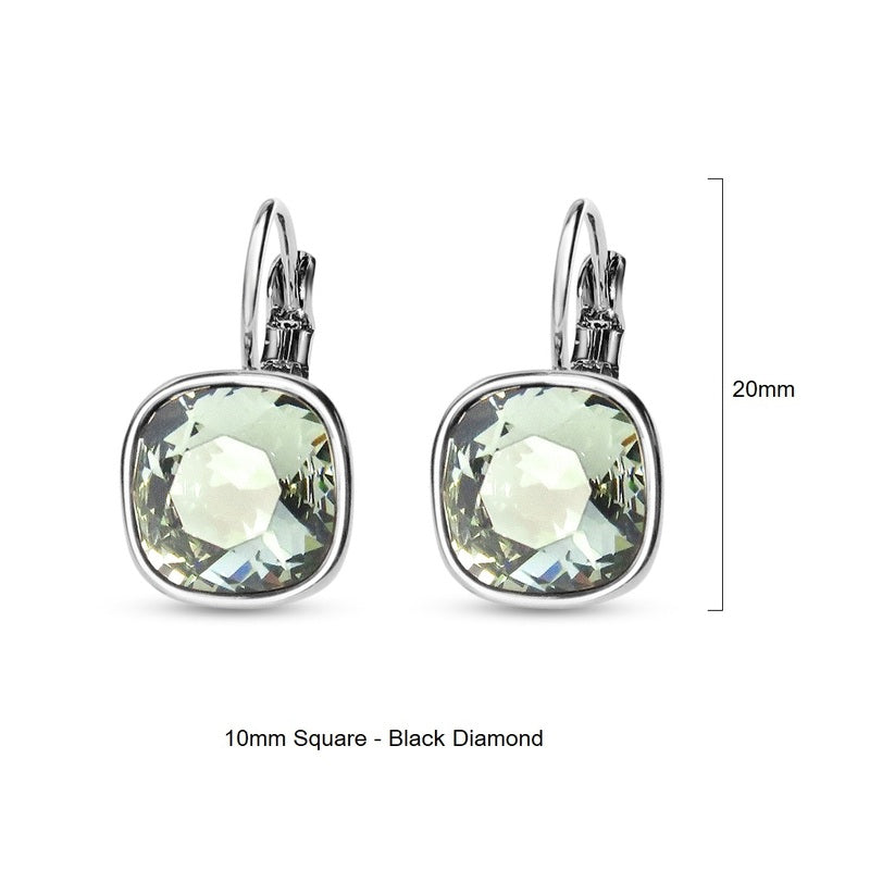 Black Diamond Swarovski Square Stone in Rhodium - French Clip Earrings